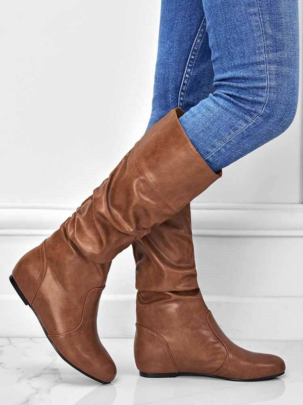 Solid Pleated Flat Heel Boots