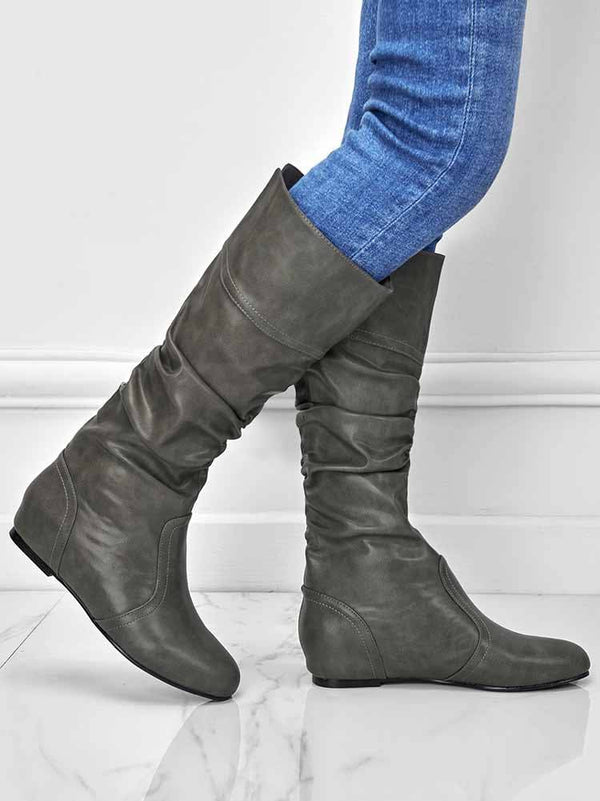 Solid Pleated Flat Heel Boots