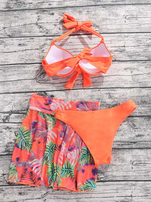 3pack Plant Print Halter Bikini Swimsuit & Skirt