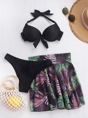 3pack Plant Print Halter Bikini Swimsuit & Skirt