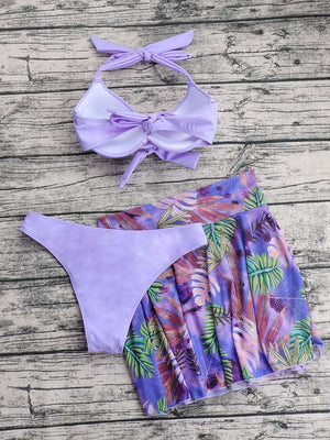 3pack Plant Print Halter Bikini Swimsuit & Skirt