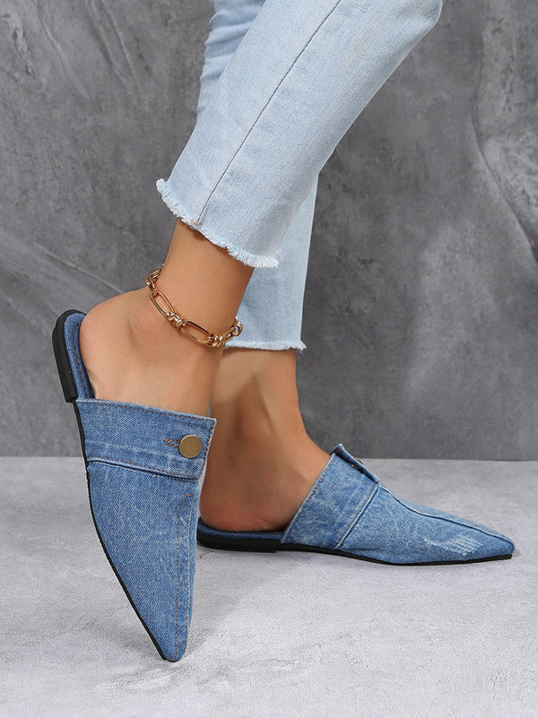 Button Decor Pointed Toe Denim Flat Slides