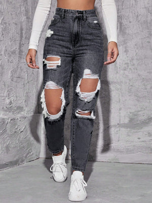 SHEIN ICON Women's Loose Straight Leg Ripped Pockets Casual Washed Denim Jeans