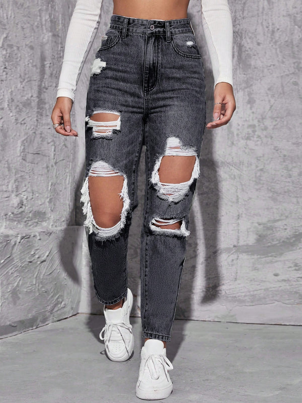 SHEIN ICON Women's Loose Straight Leg Ripped Pockets Casual Washed Denim Jeans