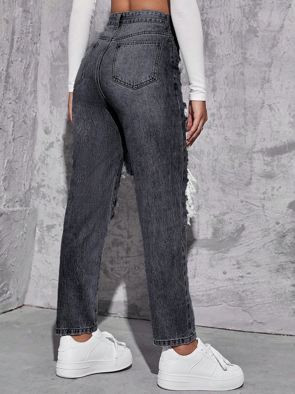 SHEIN ICON Women's Loose Straight Leg Ripped Pockets Casual Washed Denim Jeans