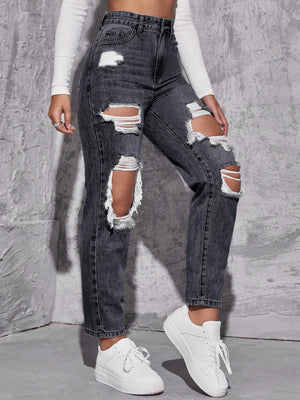 SHEIN ICON Women's Loose Straight Leg Ripped Pockets Casual Washed Denim Jeans