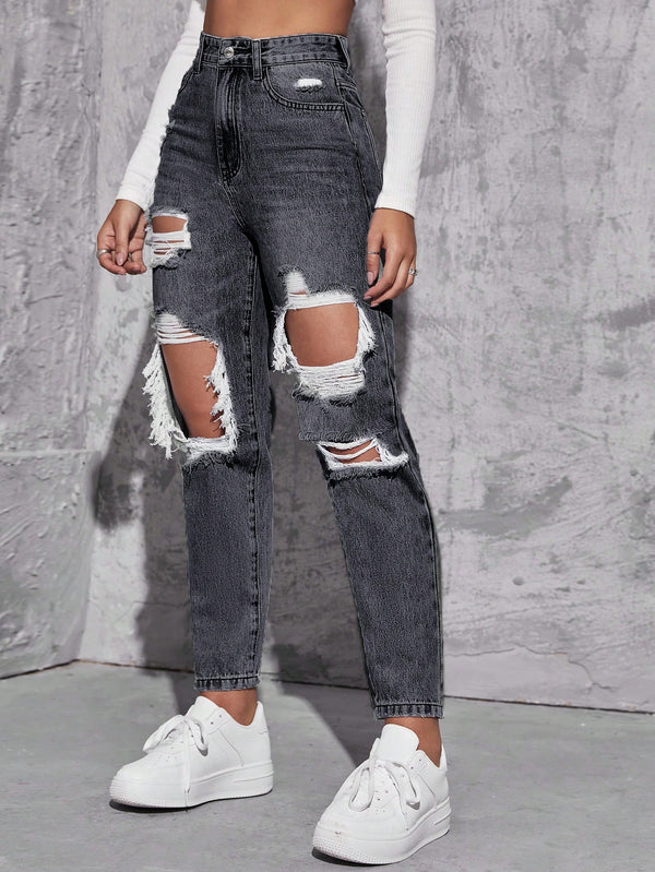 SHEIN ICON Women's Loose Straight Leg Ripped Pockets Casual Washed Denim Jeans