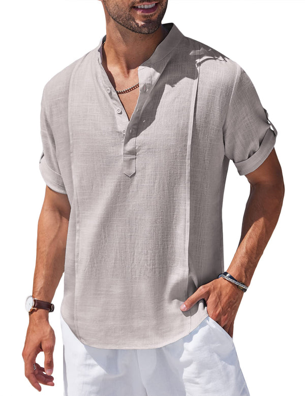 Men's Linen Cotton Henley Shirt Casual Beach Hippie Shirts Short Sleeve T Shirts