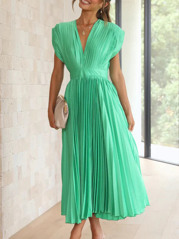 Sleeveless V Neck Pleated Maxi Dress