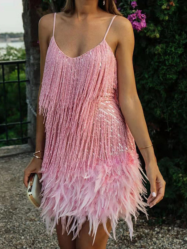 Feather Sequin Camisole Dress