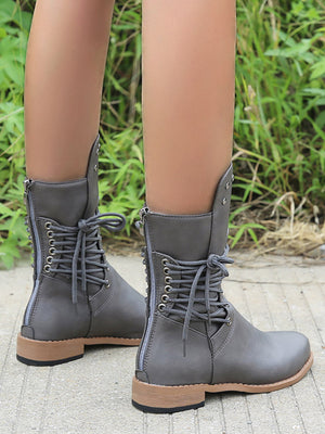 Lace-up PU Studded Boots