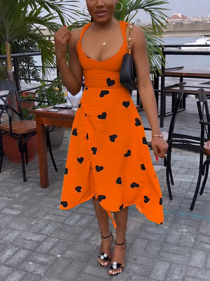 Heart Printed Drawstring Ruched Midi Dress