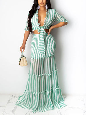 Striped Crop Top Ruffle Skirt Set