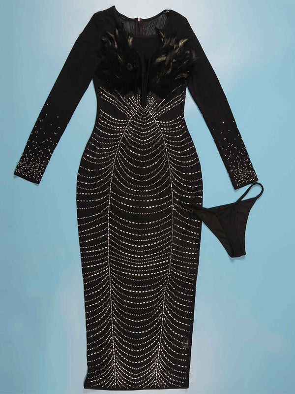 Feather Rhinestone Midi Dress