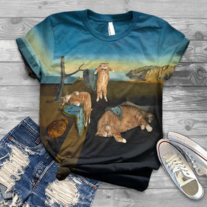 Funny The Persistence Of Memory Fat Cat Print Crew Neck T-shirt