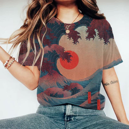 Japanese Style Wave And Red Sun Printed T-shirt