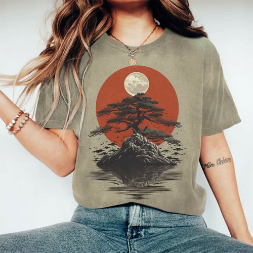 Vintage Red Sun And Pine Tree Print T-shirt