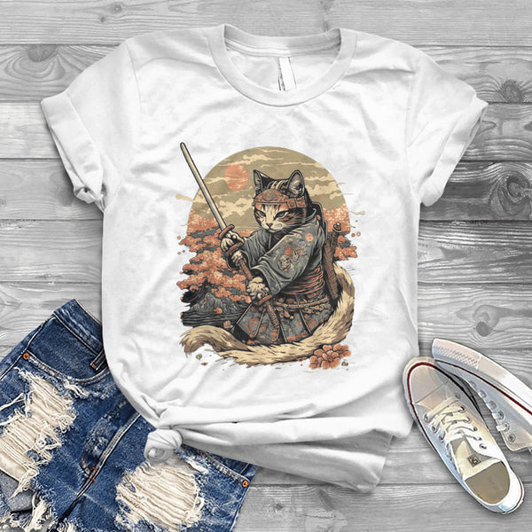 100% Cotton Funny Japanese Warrior Samurai Cat Print T-shirt