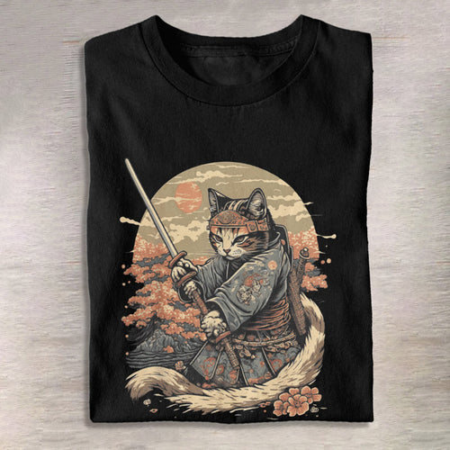 100% Cotton Funny Japanese Warrior Samurai Cat Print T-shirt