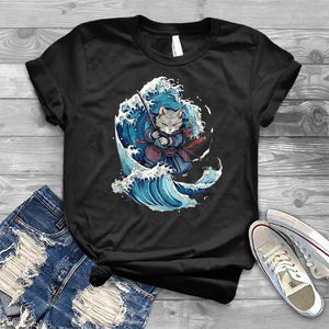 100% Cotton Japanese Cat Samurai Print T-shirt