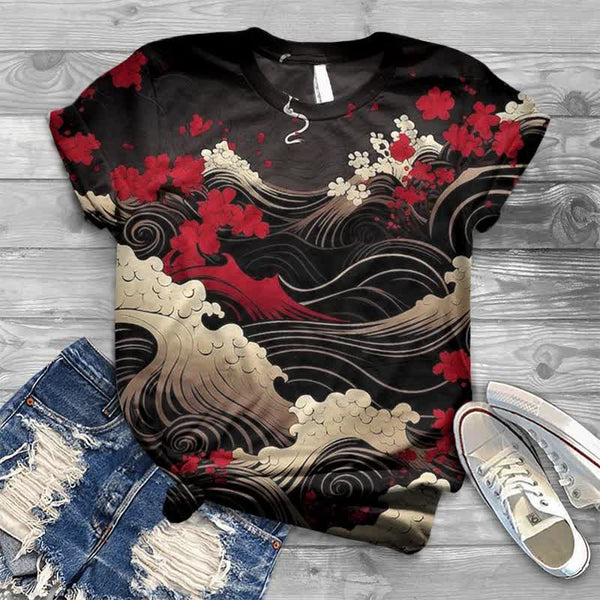 Wave Plum Blossom Japanese Print T-shirt