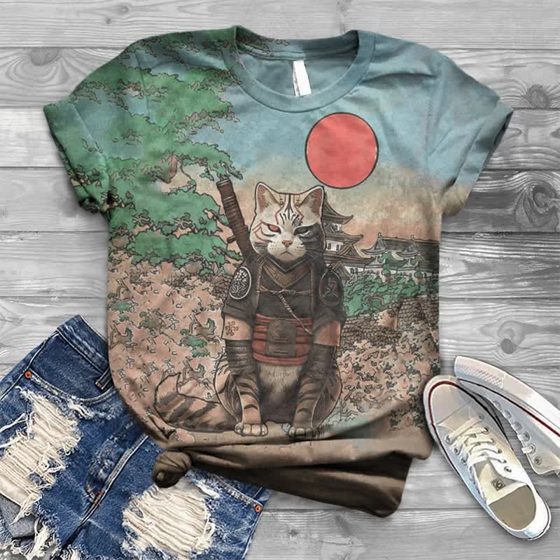 Kawaii Samurai Cat Print T-shirt