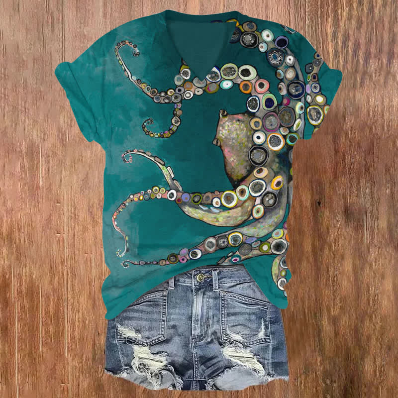 (Limited offer)  Colorful Octopus Oil Painting Print V-neck T-shirt