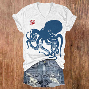 Octopus Japanese Lino Art Print V-neck T-shirt