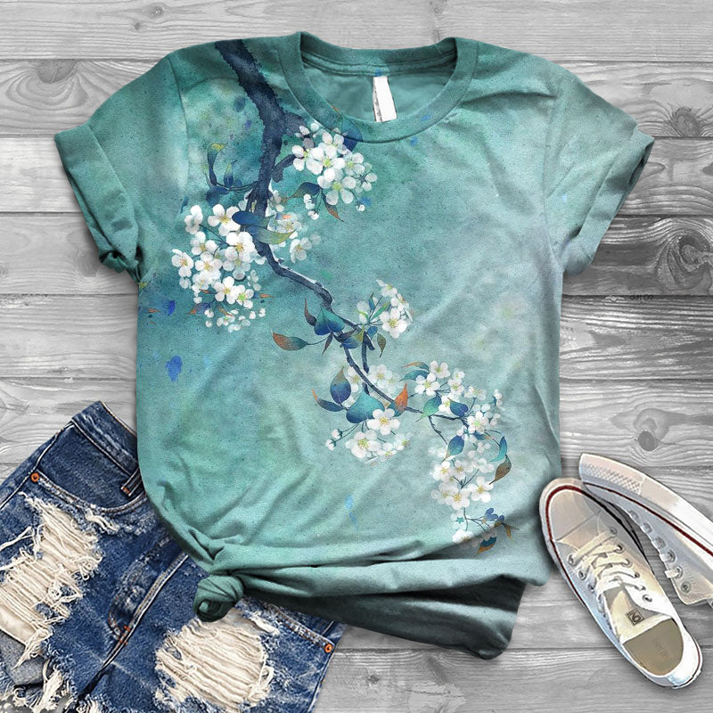 Japanese Antique Pear Blossom Ink Painting Print T-shirt