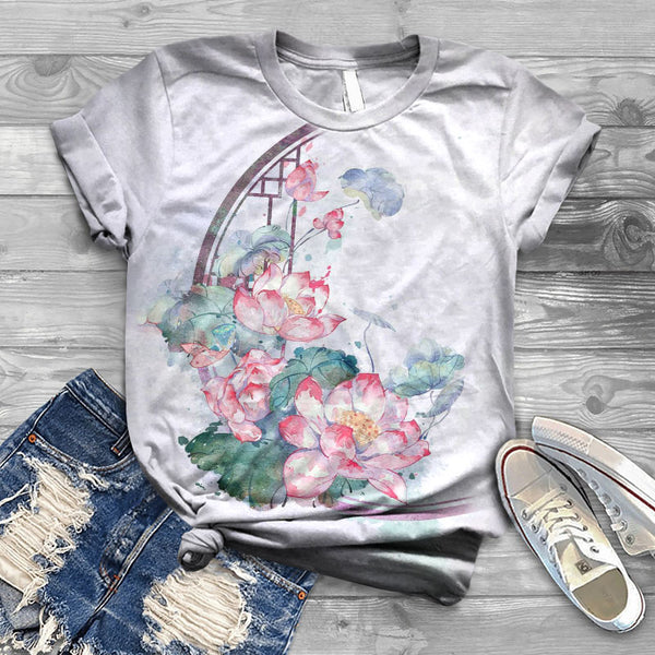 Japanese Ink Painting Lotus Print T-shirt