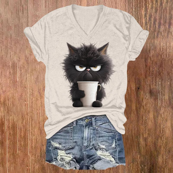 Cute Cat Print V-neck T-shirt