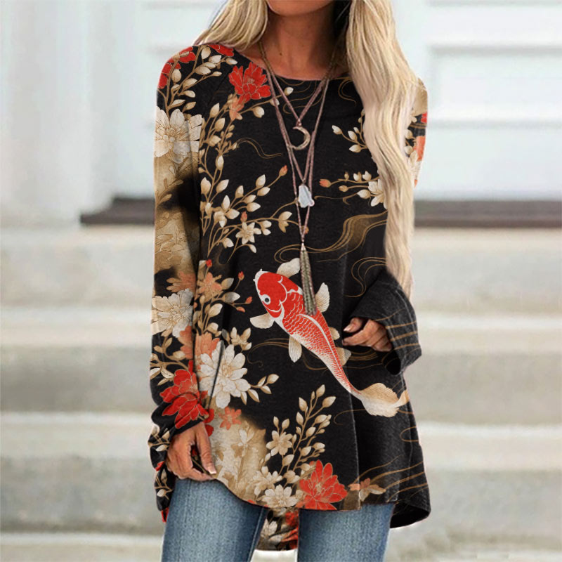 Japanese Koi Fish Flower Art Print Long-sleeved Tunic