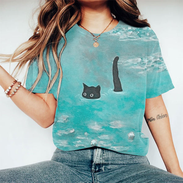 Women's Oil Painting Cat Print T-shirt