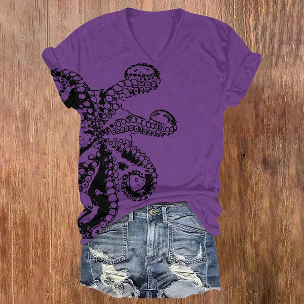 Octopus Asymmetric Print V-neck T-shirt