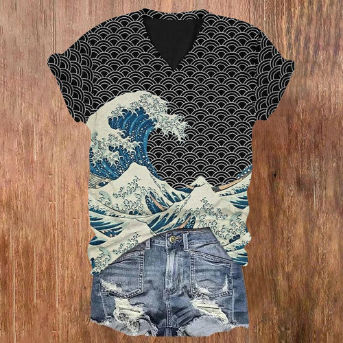 The Great Wave Off Kanagawa Inspired Japanese Art Print V-neck T-shirt