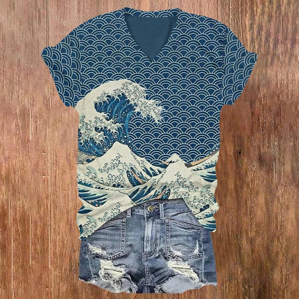 The Great Wave Off Kanagawa Inspired Japanese Art Print V-neck T-shirt