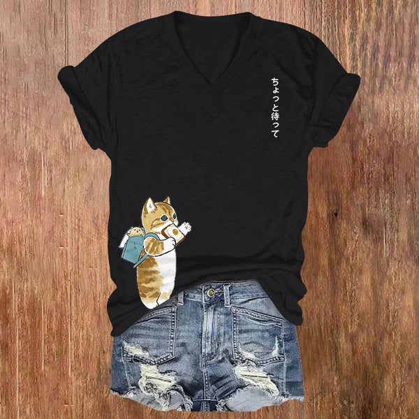 Japanese Cartoon Cat Print Casual V-neck T-shirt