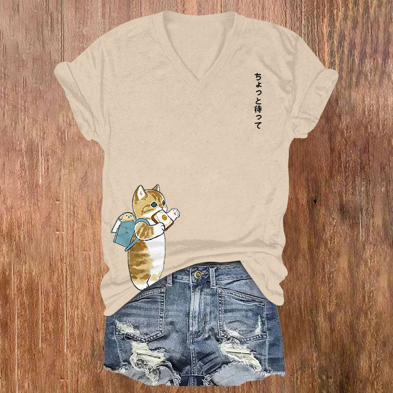 Japanese Cartoon Cat Print Casual V-neck T-shirt