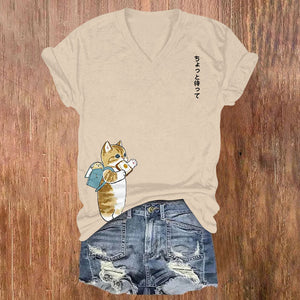 Japanese Cartoon Cat Print Casual V-neck T-shirt