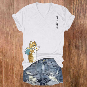 Japanese Cartoon Cat Print Casual V-neck T-shirt