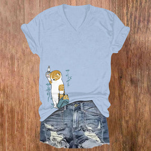 Japanese Cute Cat Print V-neck T-shirt