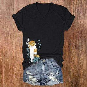 Japanese Cute Cat Print V-neck T-shirt