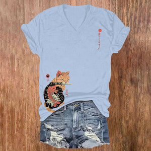 Japanese Samurai Cat Print V-neck T-shirt