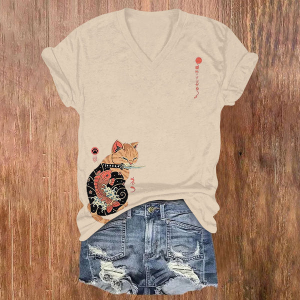 Japanese Samurai Cat Print V-neck T-shirt