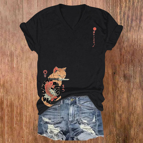 Japanese Samurai Cat Print V-neck T-shirt