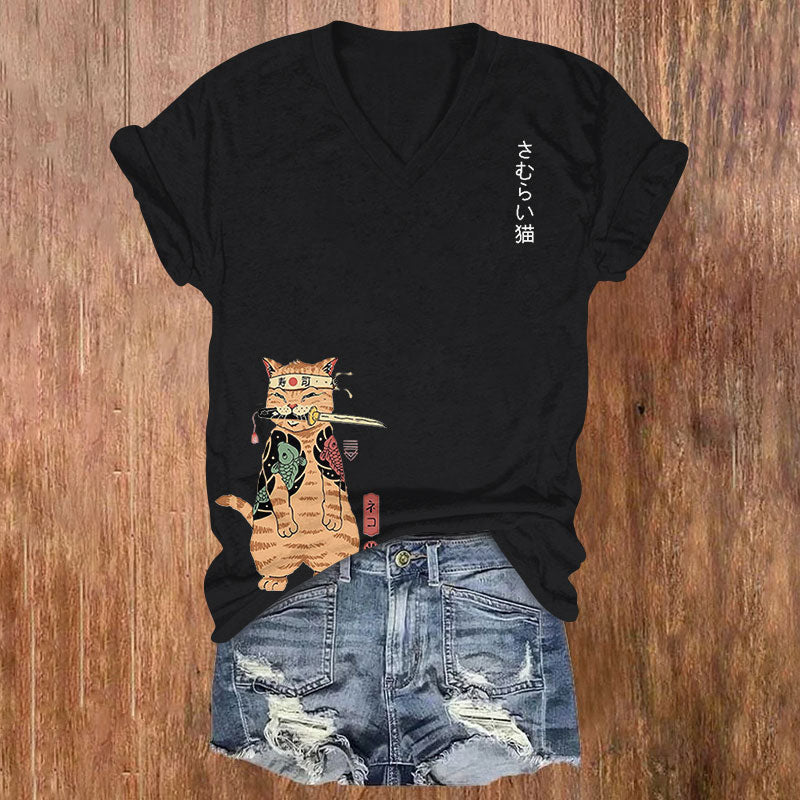 Japanese Cat Print V-neck T-shirt