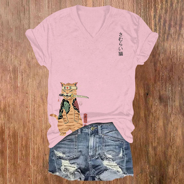 Japanese Cat Print V-neck T-shirt