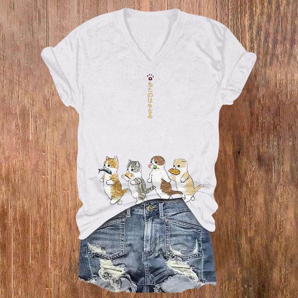 Japanese Cartoon Cat Print V-neck T-shirt