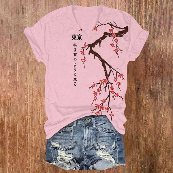 Tokyo Japanese Cherry Blossoms Print V-neck T-shirt