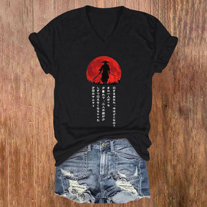 Japanese Samurai Casual Print V-neck T-shirt